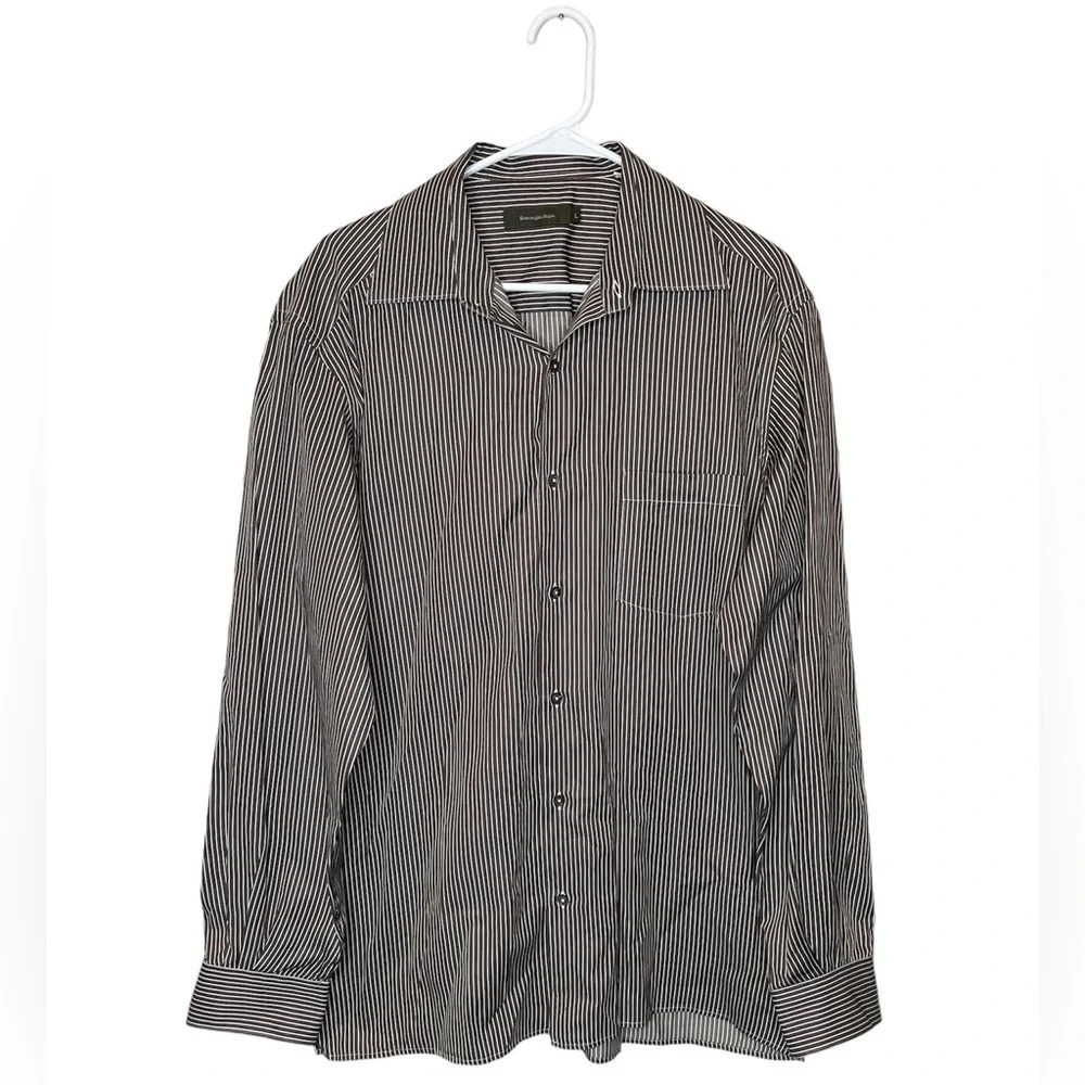 Ermenegildo Zegna Men's Long Sleeve Button Front Shirt Size Large Brown/White